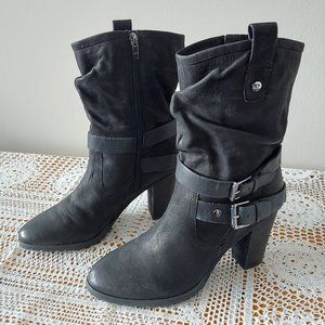Marc Fisher Slouchy Boots 7.5 Black Leather Mid-Calf Block Heel Zip Buckle Strap